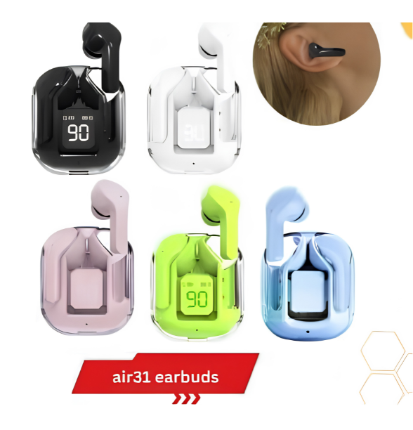 Air31 earbuds With SILICON POUCH wireless crystal Transparent and Bluetooth Air 31Type C