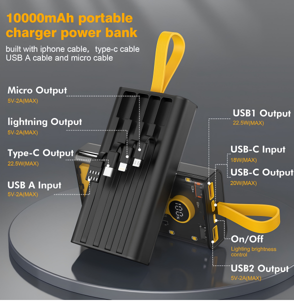 10000mAh Fast Charging Power Bank | 22.5W Portable Charger with Built-in Cables ⚡